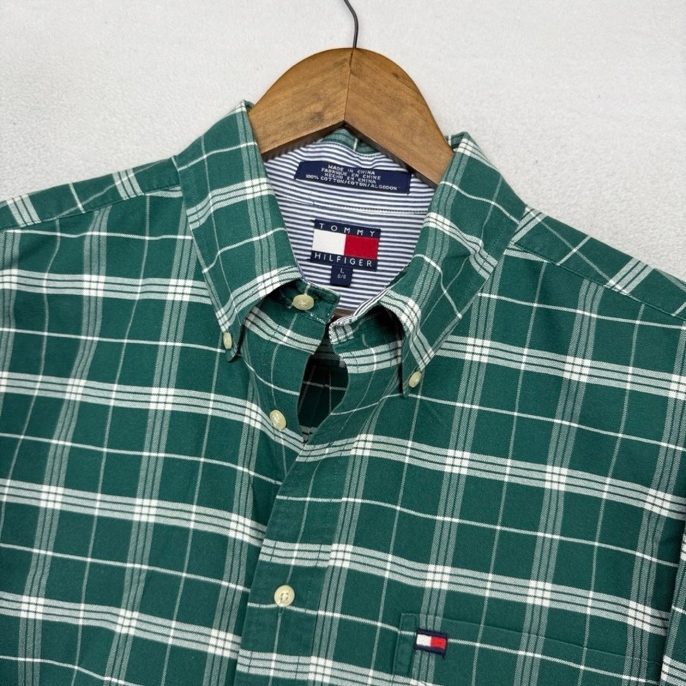 Vintage Tommy Hilfiger Button Down Shirt Mens Large Green Flag Oxford OCBD 90s